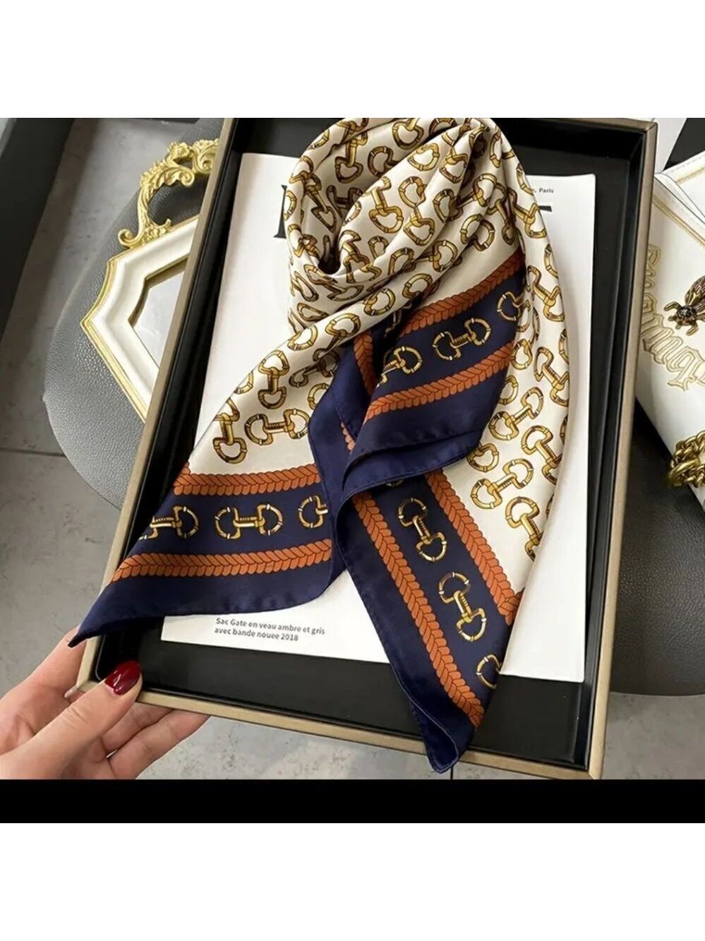 Square Scarf Blue Edge Golden Buckles Printed, Silky Style Neck Scarf